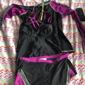 Purple and black tankini with cover up